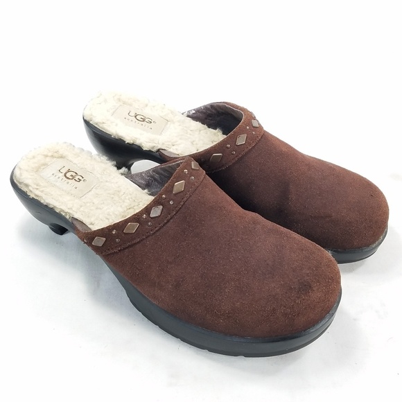 UGG Fiona Suede Mule Slip On Clog Shoes Brown Sz 8 Shearling 5546 Copper Studded - Picture 1 of 16
